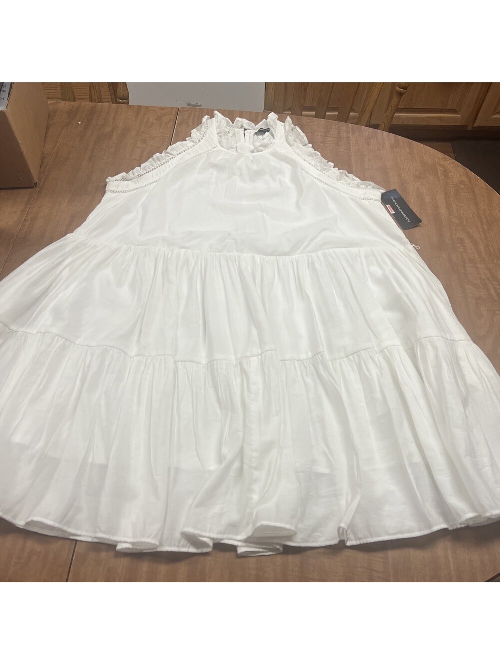 FRENCH CONNECTION Summer WHITE Emily TIERED Crochet FLARED Mini DRESS L No Belt